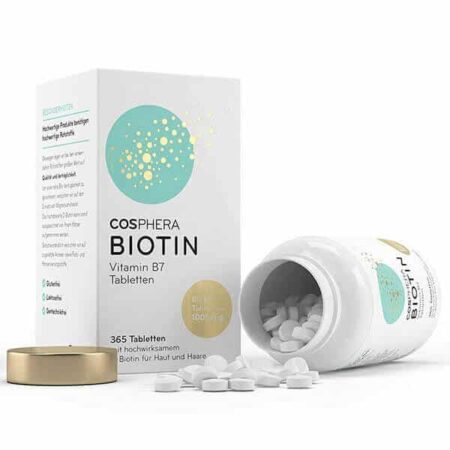 Cosphera Biotin Tabletten - Dose mit Verpackung und Kapseln