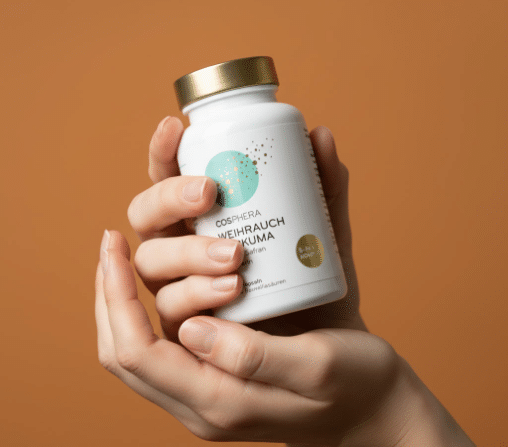 Probiotika Kapseln vor dem Bauch einer Frau.